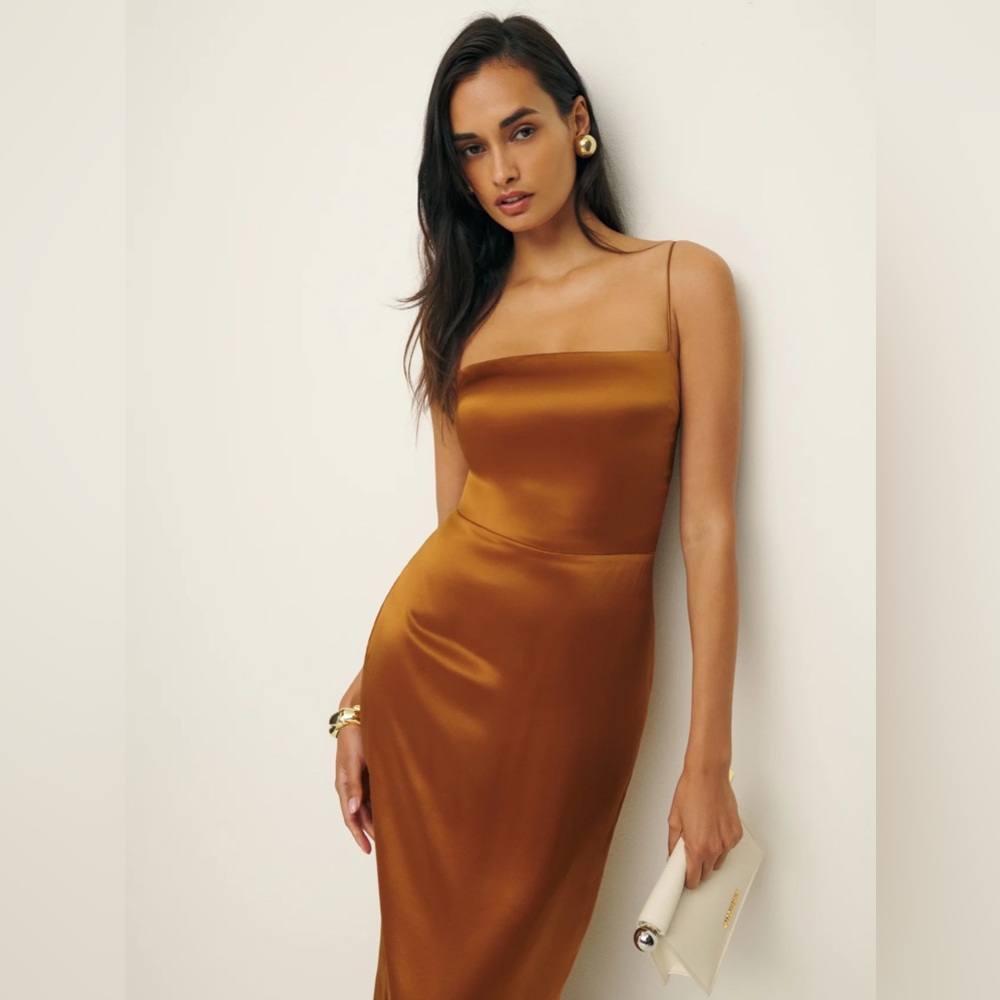 NEW Reformation Frankie Silk Long Dress in Copper Brown | size 4 - Picture 5 of 13